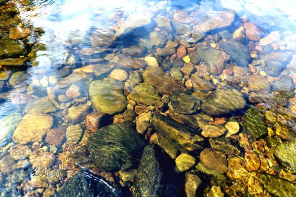 Colourful pebbles and stones under the surface of the Whiteadder river near Elba.