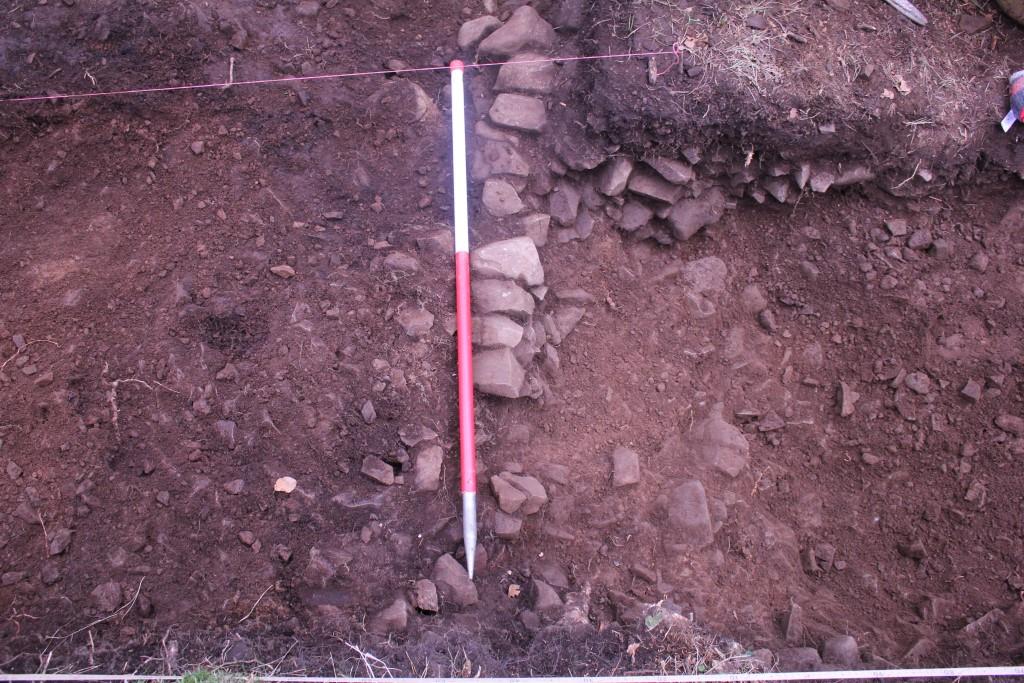 A line of stones forming a low wall, with 1m ranging rod for scale