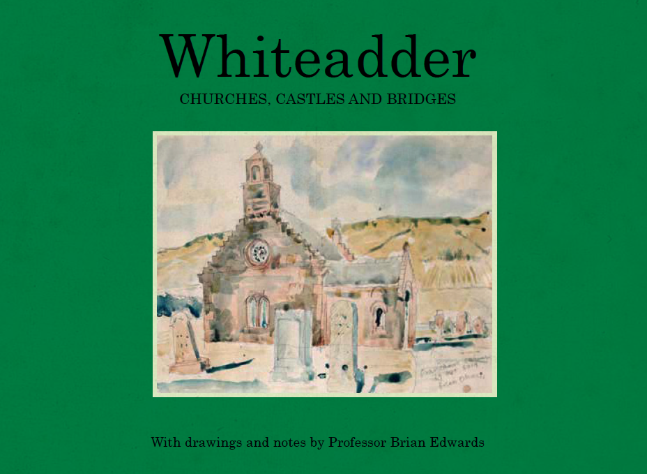 The front cover of the architectural sketchbook, with a watercolour of Cranshaws Church by Brian Edwards.