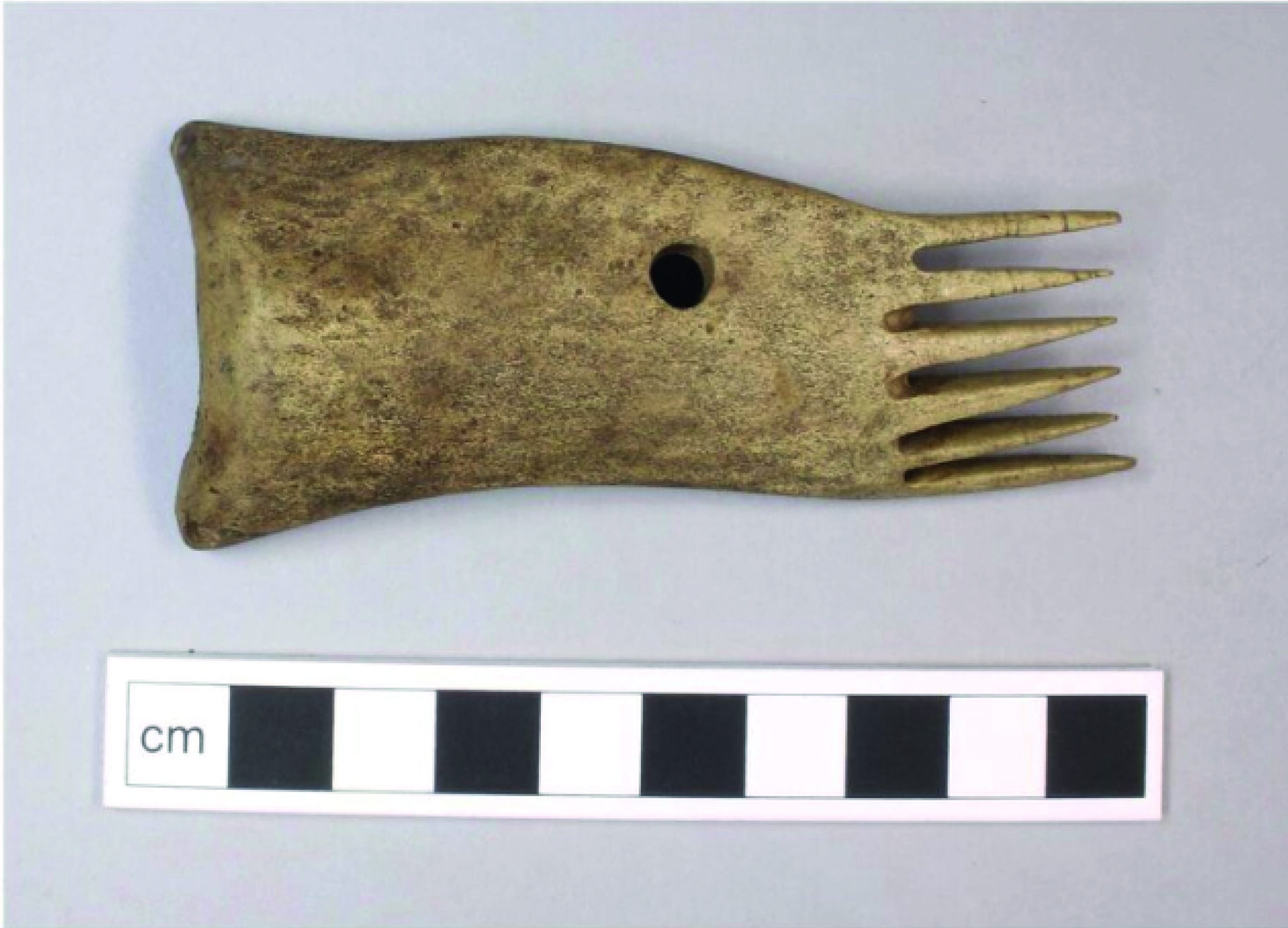 A narrow comb with six long teeth, widely spaced. Made of antler with a perforation, perhaps for a leather thong or string/twine.