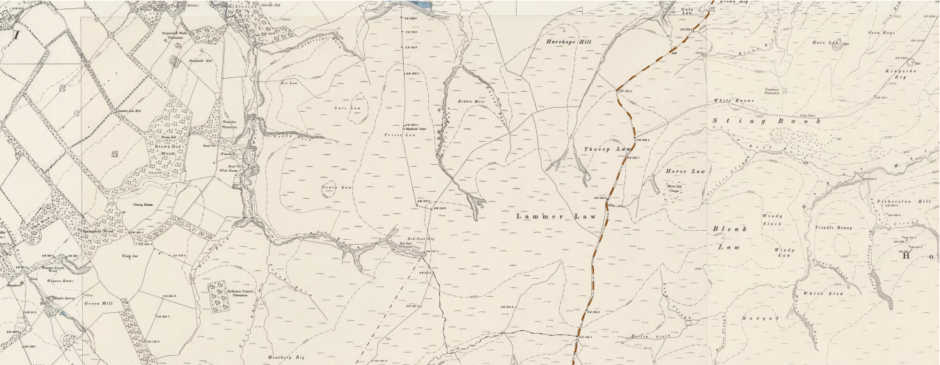 Map excerpt showing the route of a possible medieval road on the OS six inch map, published 1900