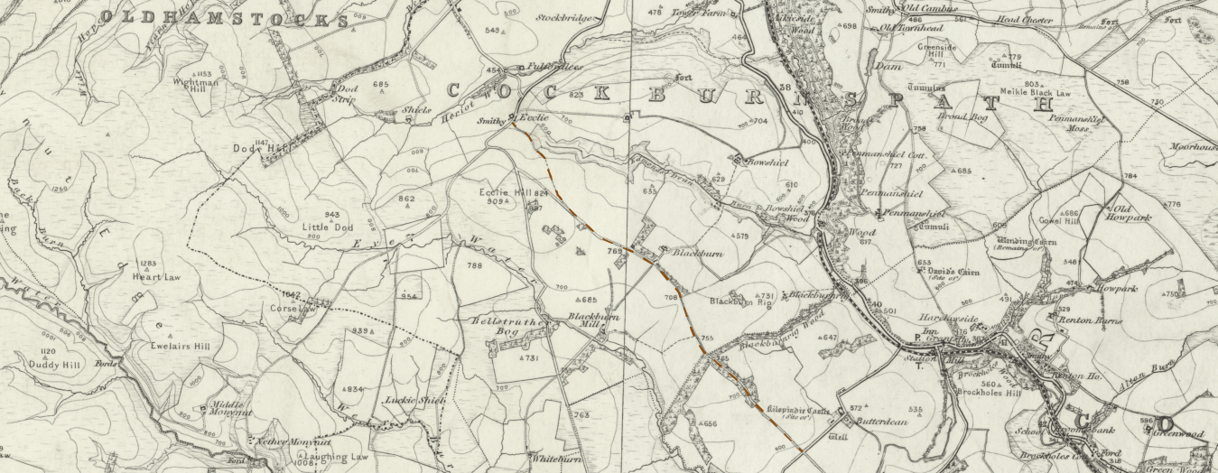 Excerpt from the OS six inch map (1896) showing the route of a possible Roman road near Cockburnspath