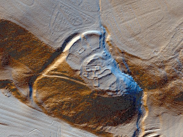 LiDAR data showing multiple features overlying one another, including enclosures, buildings and the remains of the prehistoric fort