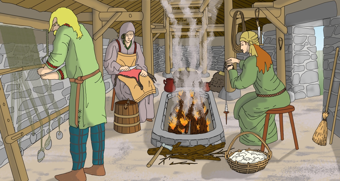 illustration of three people inside a building with a central hearth