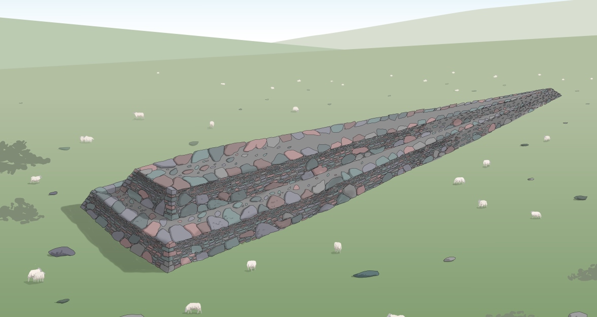 Illustration of a large, long, drystone structure
