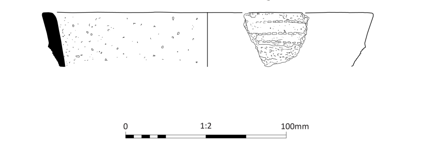 Illustration of a sherd of pottery with three lines of impressed decoration, and giving an indication of the diameter of the rim of the vessel