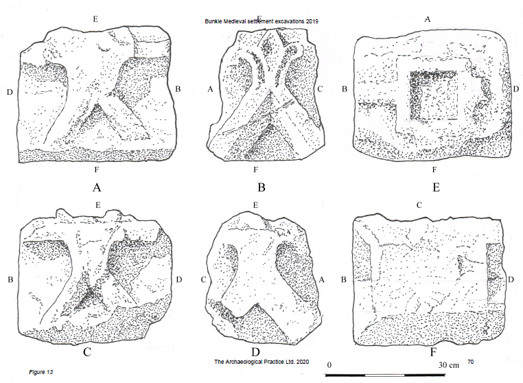 Illustration showing a decorative carved stone from all six sides. the most decorative side has a floral motif.