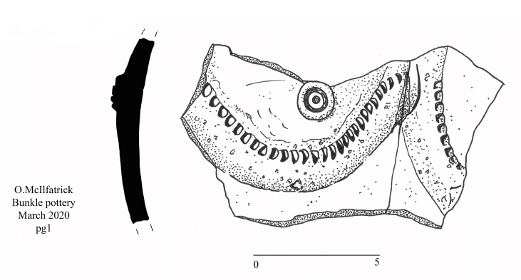 Illustration of two conjoining sherds of pottery with applied decoration: a an arc of clay added to the vessel has been marked with a line of notches, and inside the curve is a small decoration forming concentric rings