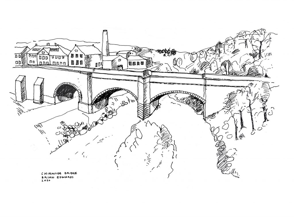A sketch of Chirnside Bridge showing the mill behind, by Brian Edwards.
