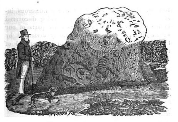 An old ink sketch of the Pech Stane with a man in a top hat and tails and a dog next to it.