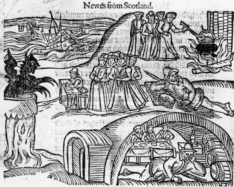 Drawing entitled 'The North Berwick Witches meet the Devil in the local kirkyard', from contemporary pamphlet 'Newes from Scotland', printed in 1591.