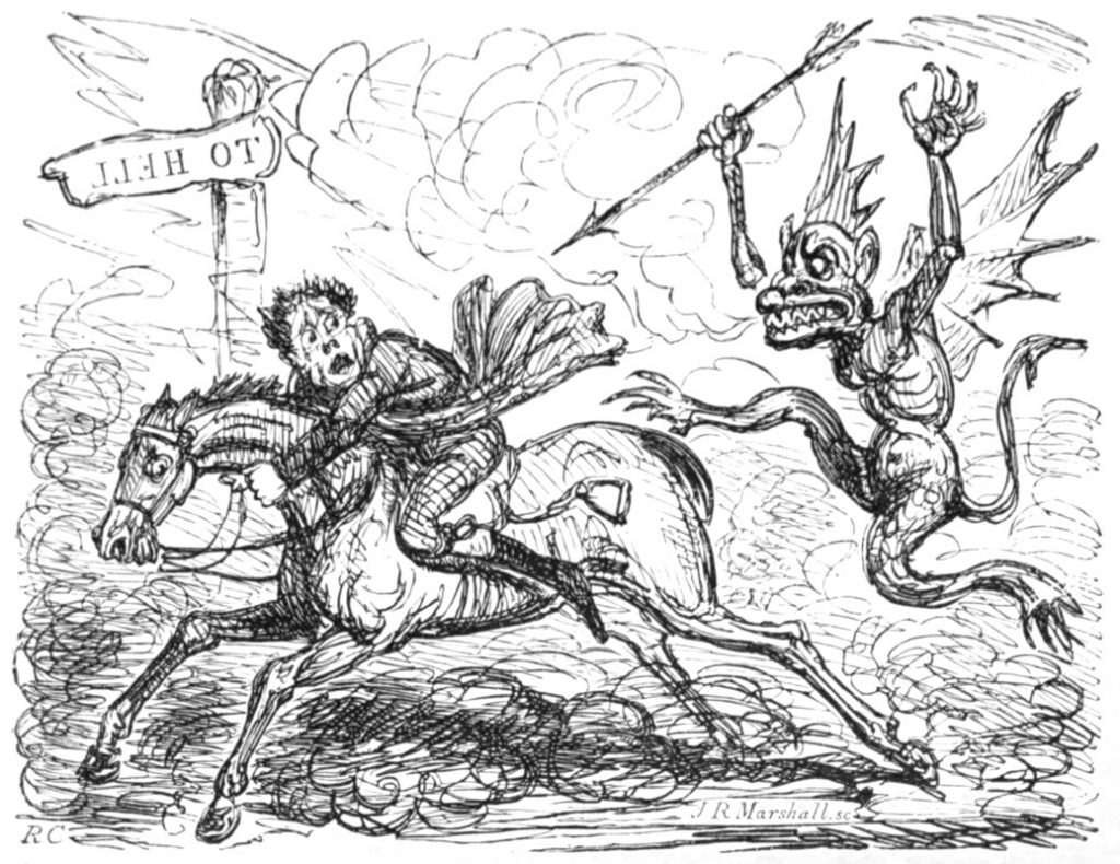 Engraving of the devil chasing a man on horseback, with signpost 'to hell', by Robert Cruikshank, before 1856.