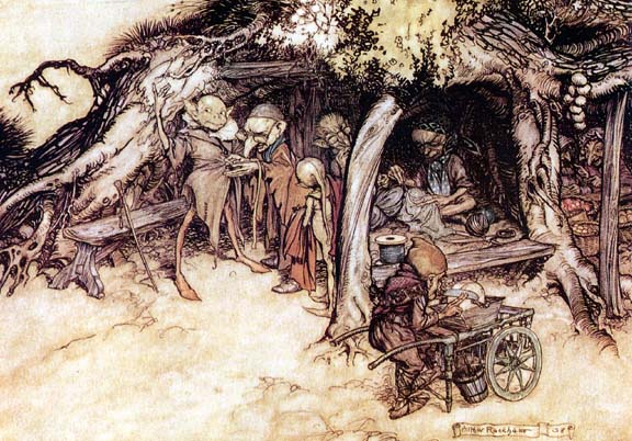 Illustration of elves from Shakespeare's 'Midsummer Nights Dream', by Arthur Rackham.