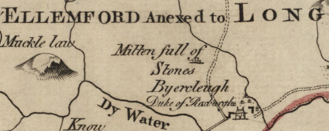 Old map detail showing location of the Mutiny Stones, spelt 'Mitten full of Stones'.