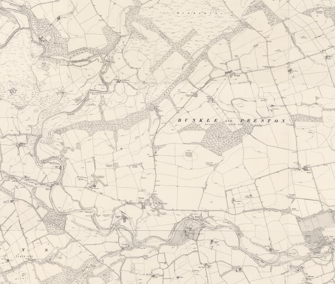Excerpt of OS map showing the area north of Duns, with regular field system and large swathes of forestry