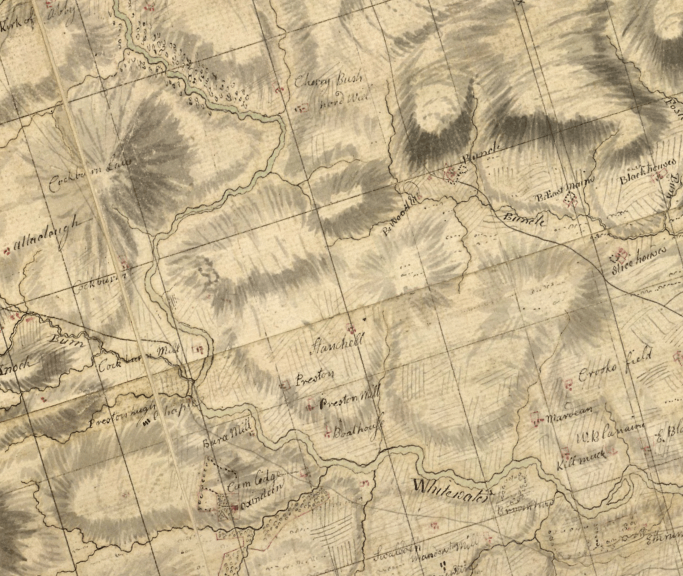 Excerpt of 18th century map showing the area just north of Duns, with few field systems or woodlands depicted