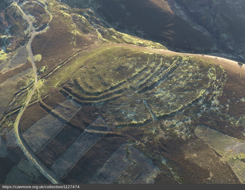 aerial view of a hilltop covered in heather, with concentric ramparts marking the outline of a hillfort